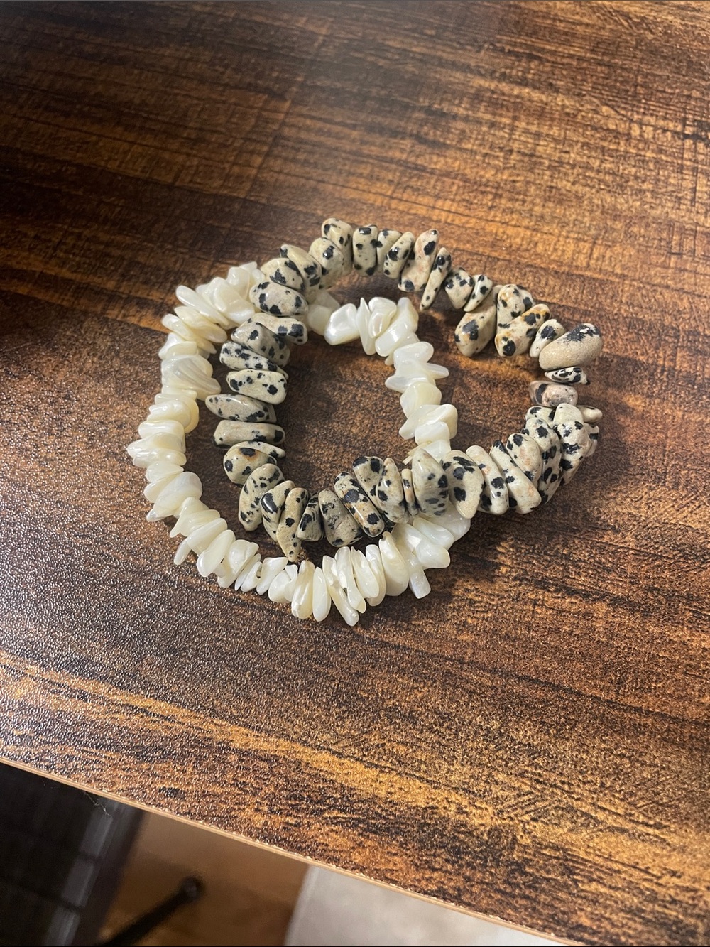 Chunky Dalmatian Jasper and Cream Shell Stretch Bracelets